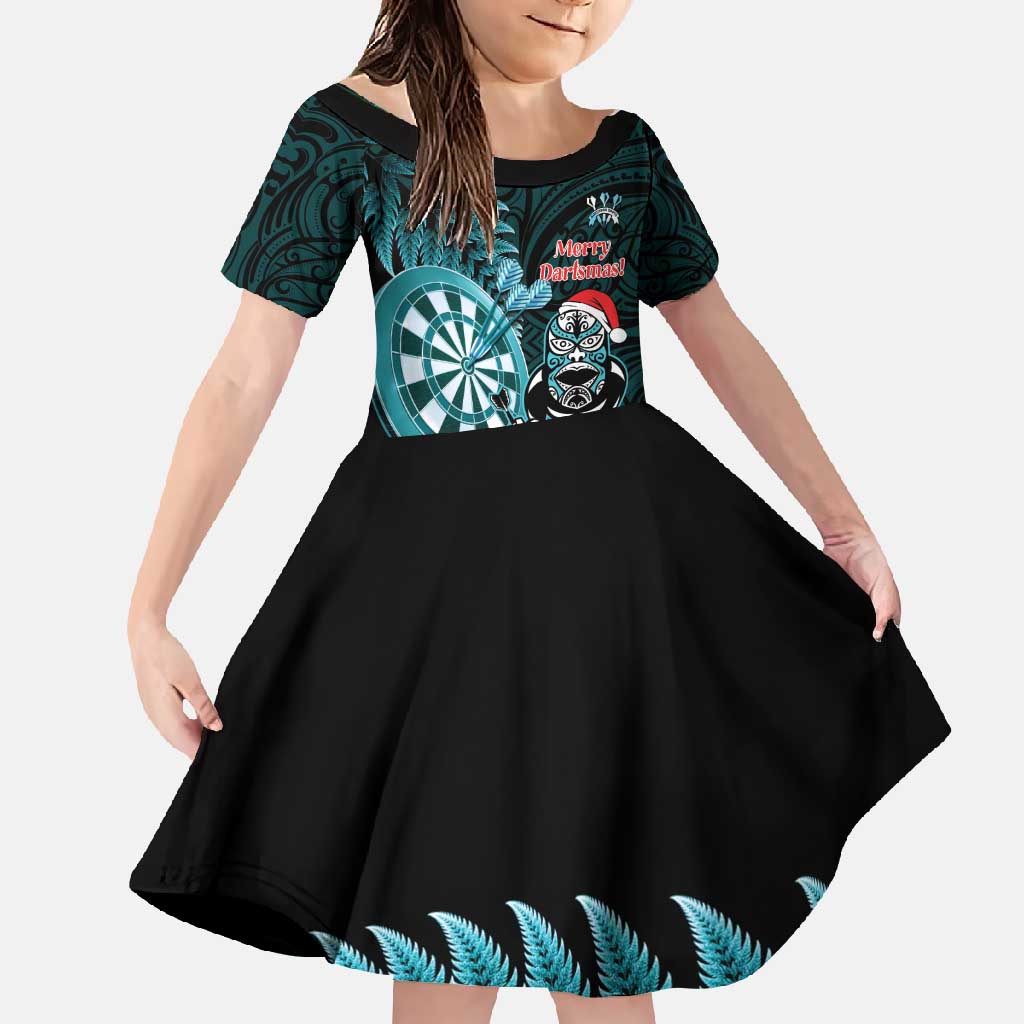Personalised New Zealand Darts Christmas Family Matching Short Sleeve Bodycon Dress and Hawaiian Shirt Maori Fern Merry Dartsmas LT14 Daughter's Dress Cyan - Polynesian Pride