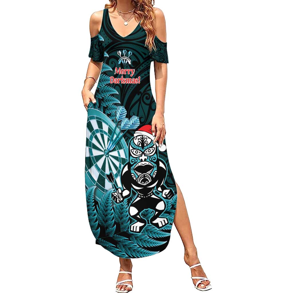 Personalised New Zealand Darts Christmas Family Matching Summer Maxi Dress and Hawaiian Shirt Maori Fern Merry Dartsmas LT14 Mom's Dress Cyan - Polynesian Pride
