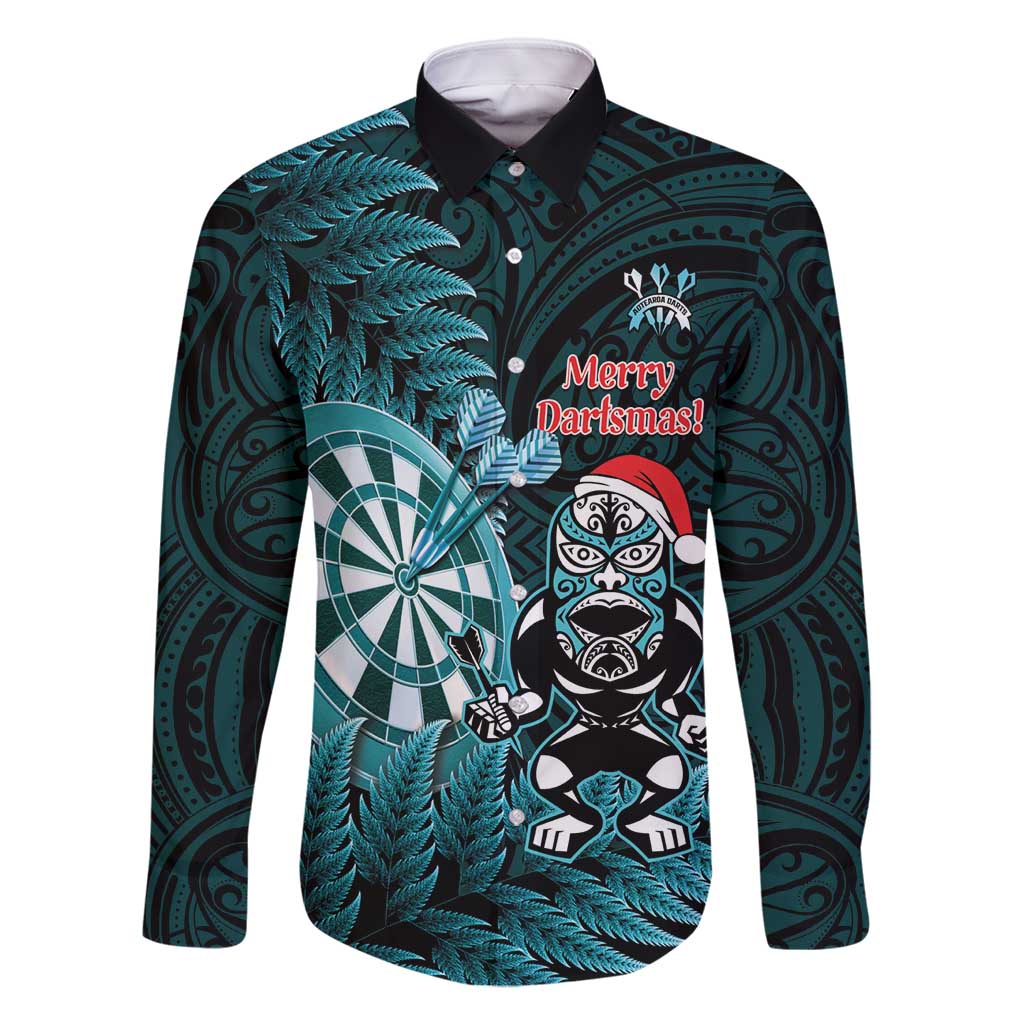 Personalised New Zealand Darts Christmas Family Matching Tank Maxi Dress and Hawaiian Shirt Maori Fern Merry Dartsmas LT14 Dad's Shirt - Long Sleeve Cyan - Polynesian Pride