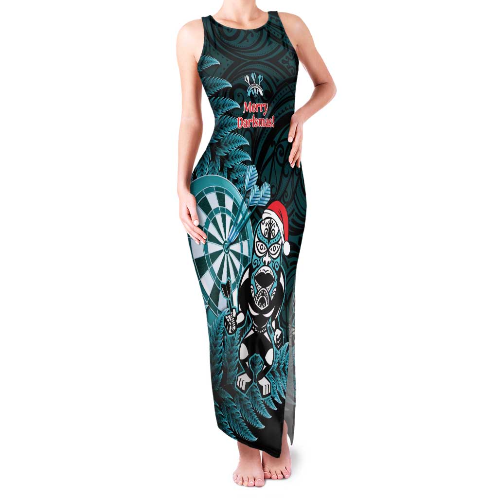 Personalised New Zealand Darts Christmas Family Matching Tank Maxi Dress and Hawaiian Shirt Maori Fern Merry Dartsmas LT14 Mom's Dress Cyan - Polynesian Pride