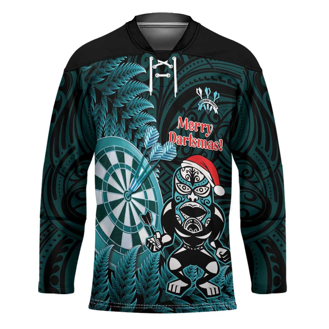 Personalised New Zealand Darts Christmas Hockey Jersey Maori Fern Merry Dartsmas LT14 Unisex Cyan - Polynesian Pride