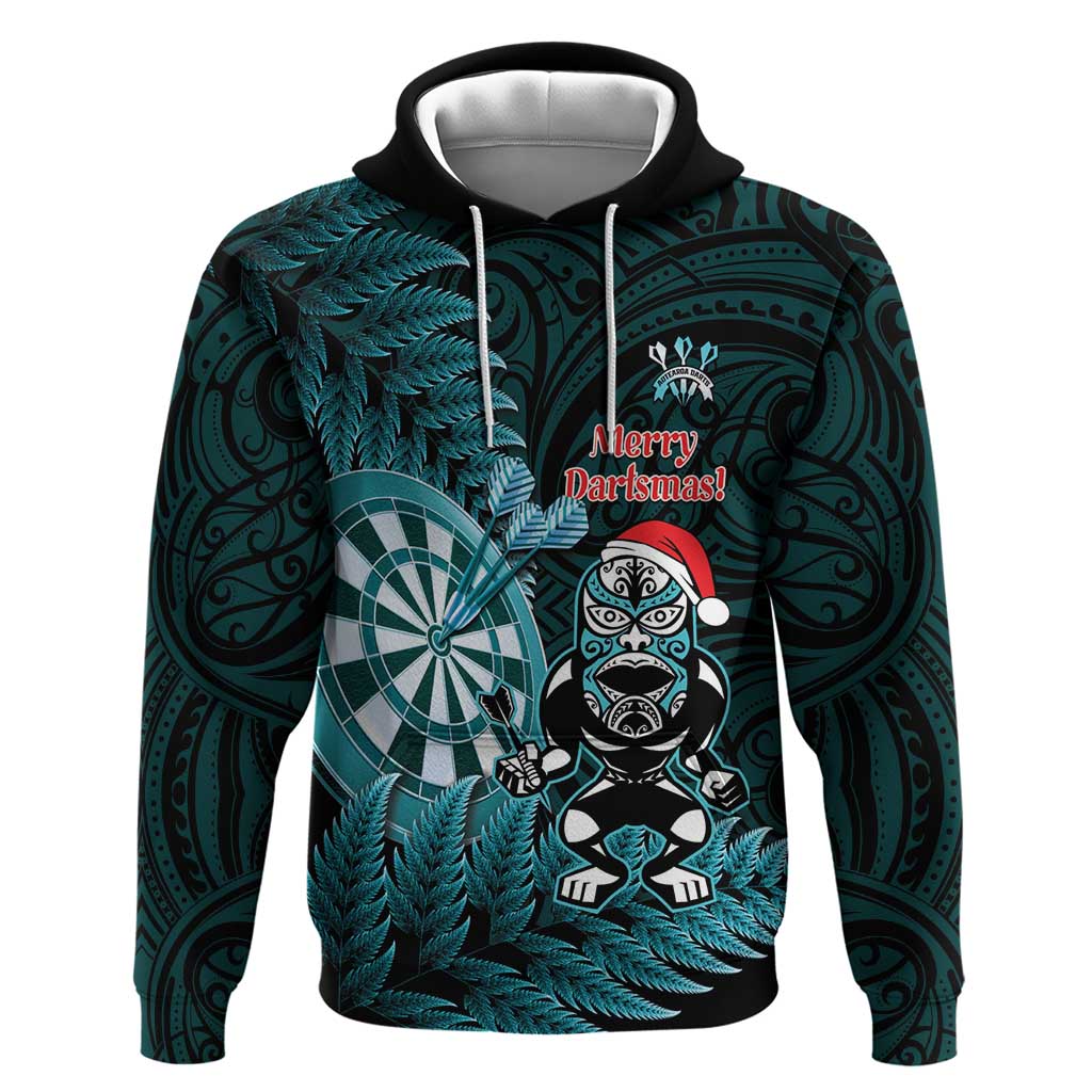 Personalised New Zealand Darts Christmas Hoodie Maori Fern Merry Dartsmas LT14 Pullover Hoodie Cyan - Polynesian Pride