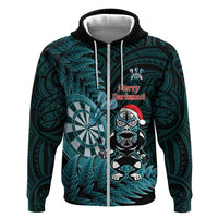 Personalised New Zealand Darts Christmas Hoodie Maori Fern Merry Dartsmas LT14 Zip Hoodie Cyan - Polynesian Pride