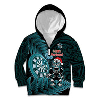 Personalised New Zealand Darts Christmas Kid Hoodie Maori Fern Merry Dartsmas LT14 Zip Hoodie Cyan - Polynesian Pride
