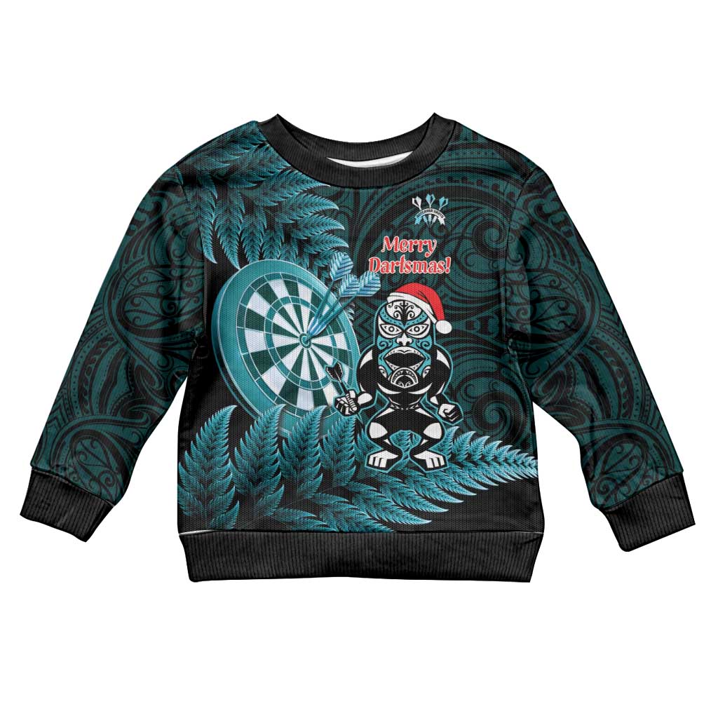 Personalised New Zealand Darts Christmas Kid Ugly Christmas Sweater Maori Fern Merry Dartsmas LT14 Kid Cyan - Polynesian Pride
