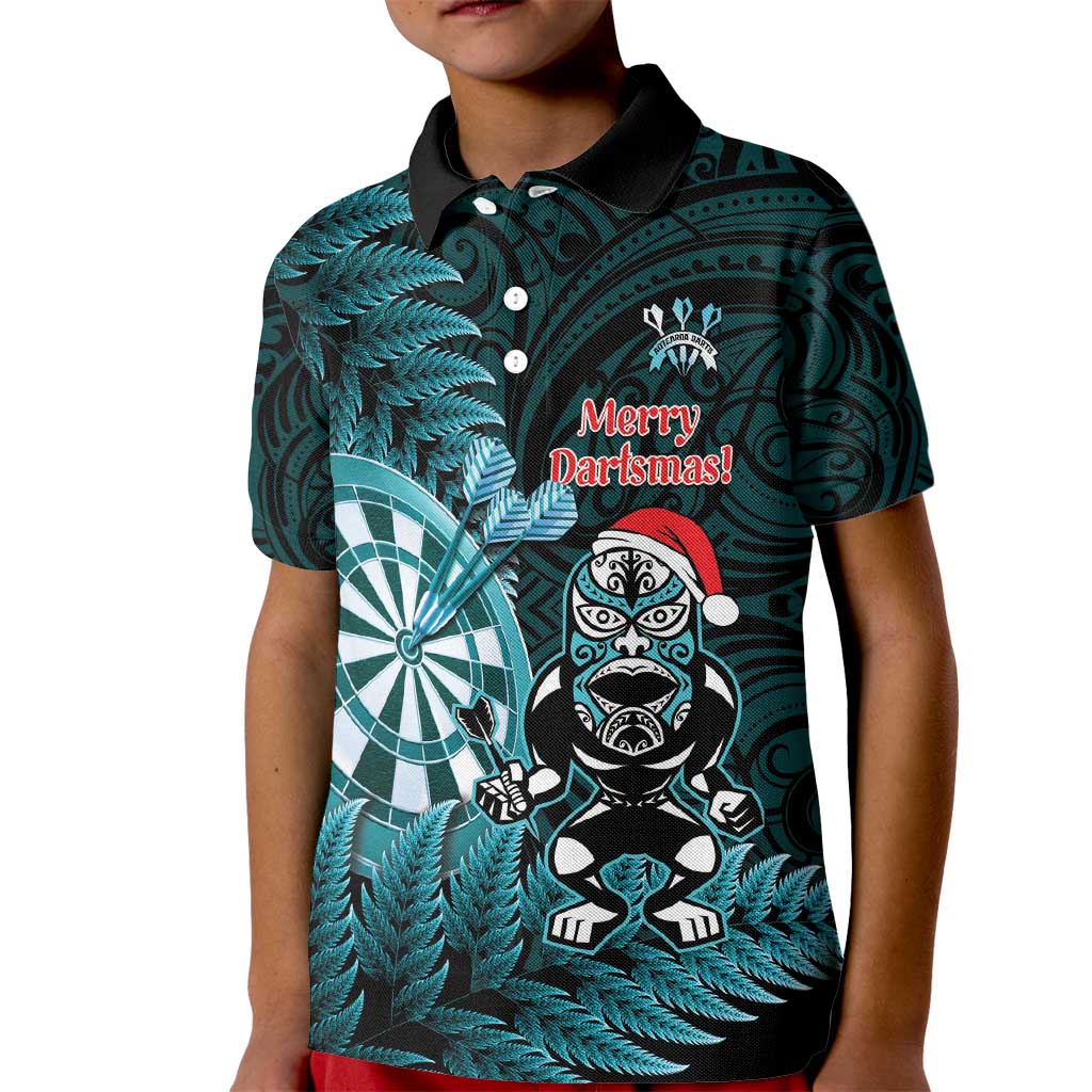 Personalised New Zealand Darts Christmas Kid Polo Shirt Maori Fern Merry Dartsmas LT14 Kid Cyan - Polynesian Pride