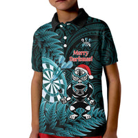 Personalised New Zealand Darts Christmas Kid Polo Shirt Maori Fern Merry Dartsmas LT14 Kid Cyan - Polynesian Pride