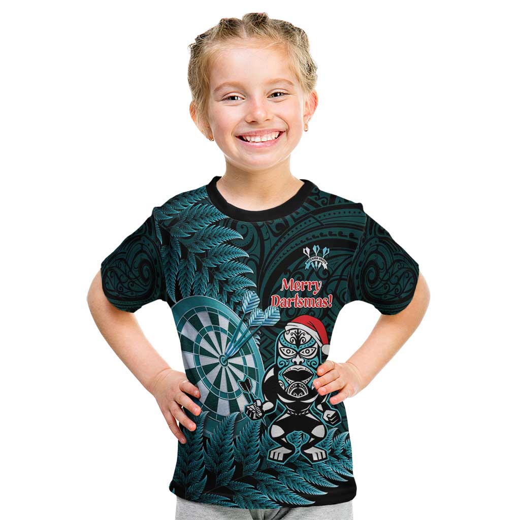 Personalised New Zealand Darts Christmas Kid T Shirt Maori Fern Merry Dartsmas LT14 Cyan - Polynesian Pride