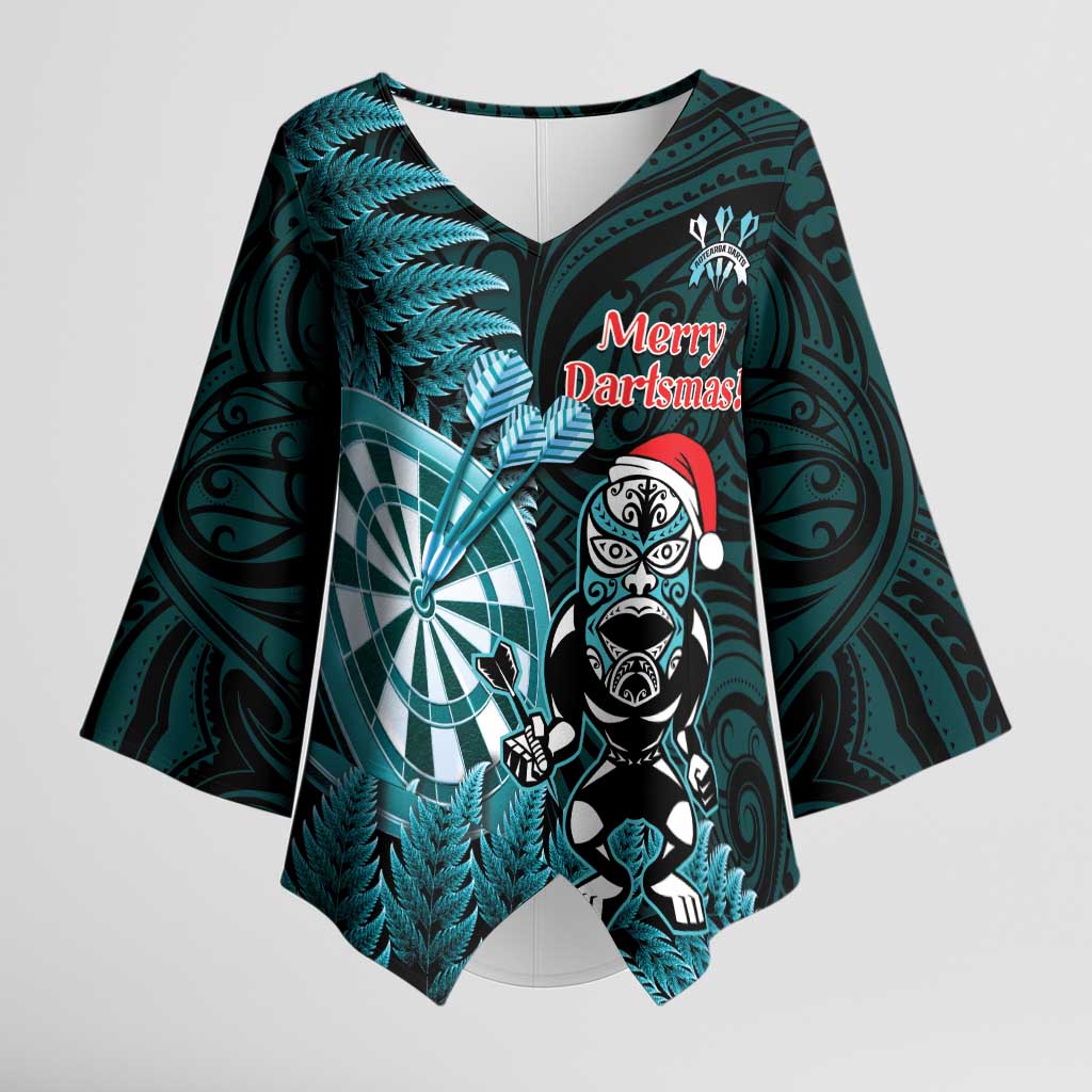 Personalised New Zealand Darts Christmas Kimono Sleeve Blouse Maori Fern Merry Dartsmas LT14 Female Cyan - Polynesian Pride