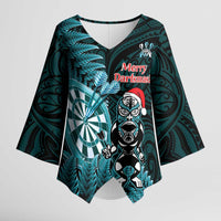Personalised New Zealand Darts Christmas Kimono Sleeve Blouse Maori Fern Merry Dartsmas LT14 Female Cyan - Polynesian Pride