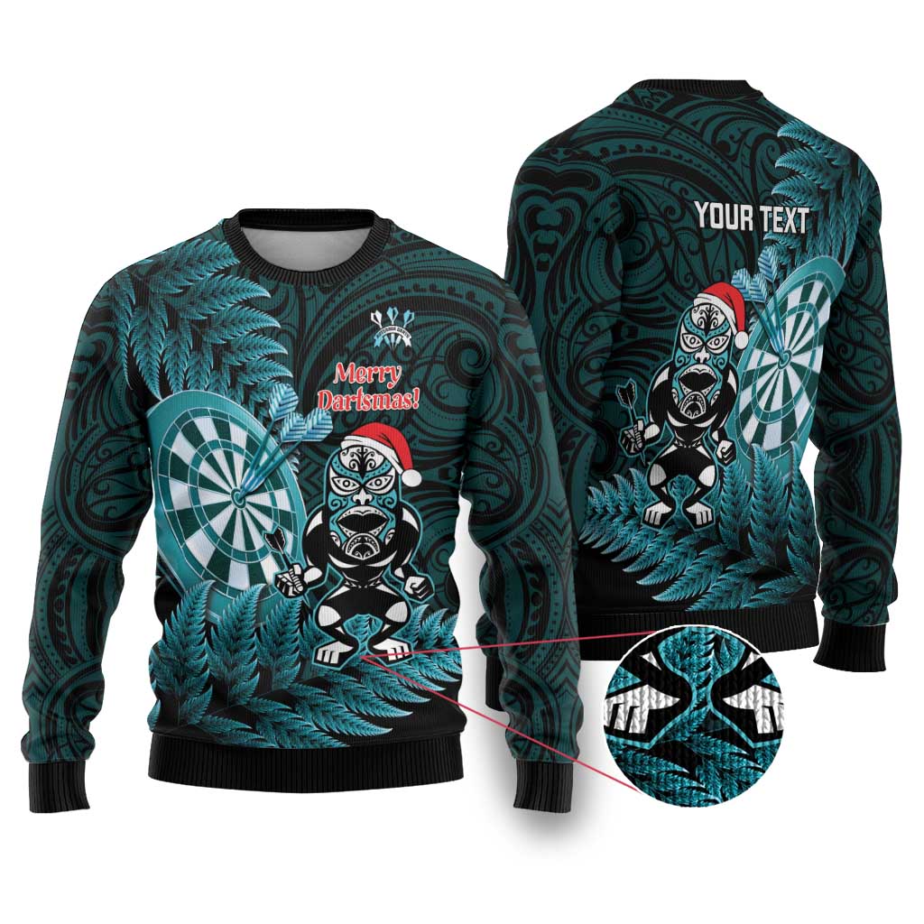 Personalised New Zealand Darts Christmas Ugly Christmas Sweater Maori Fern Merry Dartsmas LT14 Cyan - Polynesian Pride