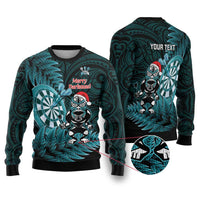 Personalised New Zealand Darts Christmas Ugly Christmas Sweater Maori Fern Merry Dartsmas LT14 Cyan - Polynesian Pride