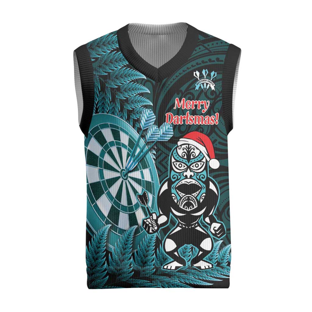 Personalised New Zealand Darts Christmas Knitted V-Neck Vest Maori Fern Merry Dartsmas LT14 Cyan - Polynesian Pride