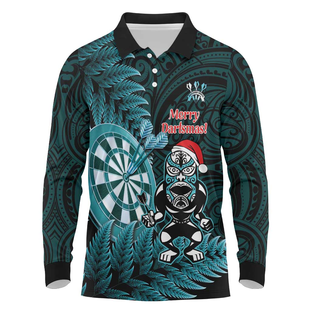 Personalised New Zealand Darts Christmas Long Sleeve Polo Shirt Maori Fern Merry Dartsmas LT14 Cyan - Polynesian Pride