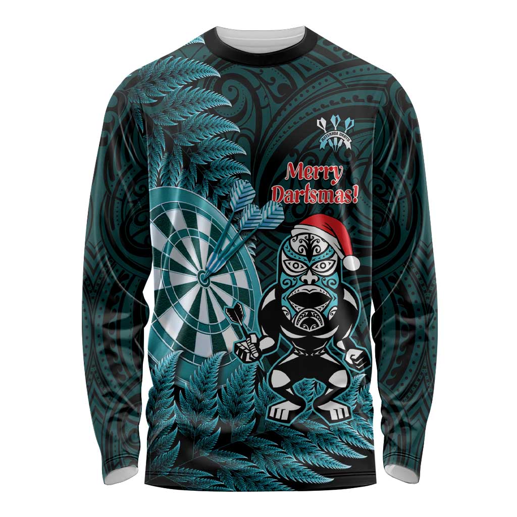 Personalised New Zealand Darts Christmas Long Sleeve Shirt Maori Fern Merry Dartsmas LT14 Unisex Cyan - Polynesian Pride