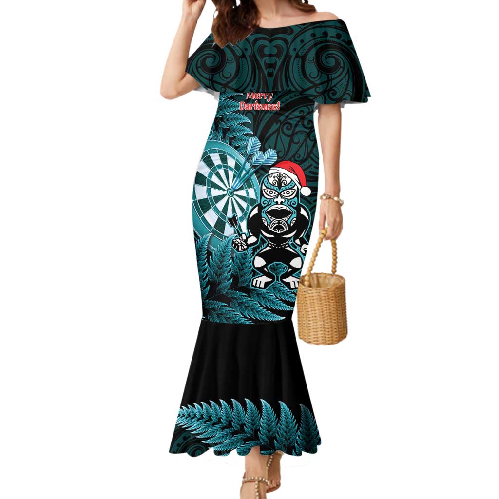 Personalised New Zealand Darts Christmas Mermaid Dress Maori Fern Merry Dartsmas LT14 Women Cyan - Polynesian Pride