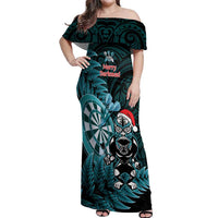 Personalised New Zealand Darts Christmas Off Shoulder Maxi Dress Maori Fern Merry Dartsmas LT14 Women Cyan - Polynesian Pride