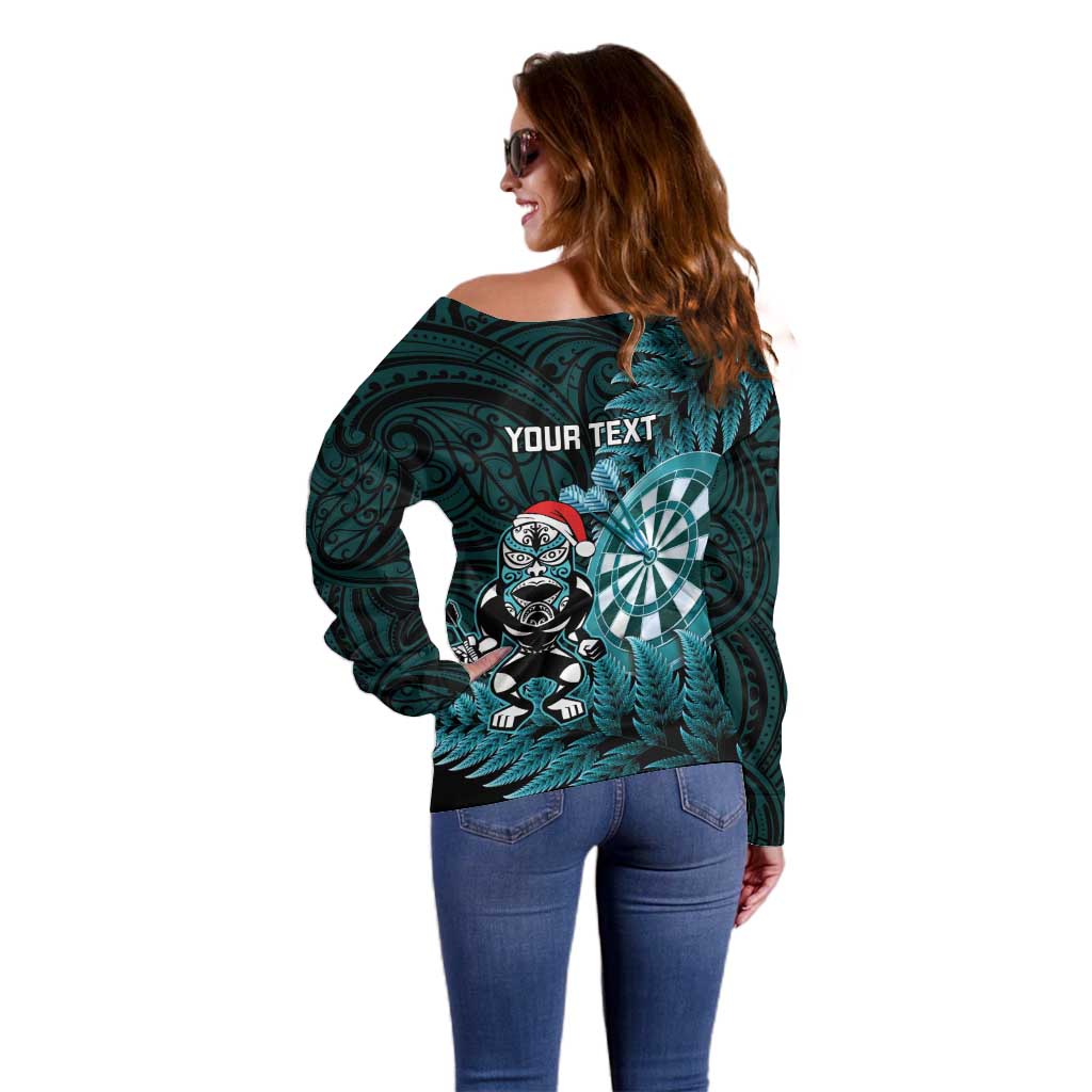 Personalised New Zealand Darts Christmas Off Shoulder Sweater Maori Fern Merry Dartsmas - Polynesian Pride
