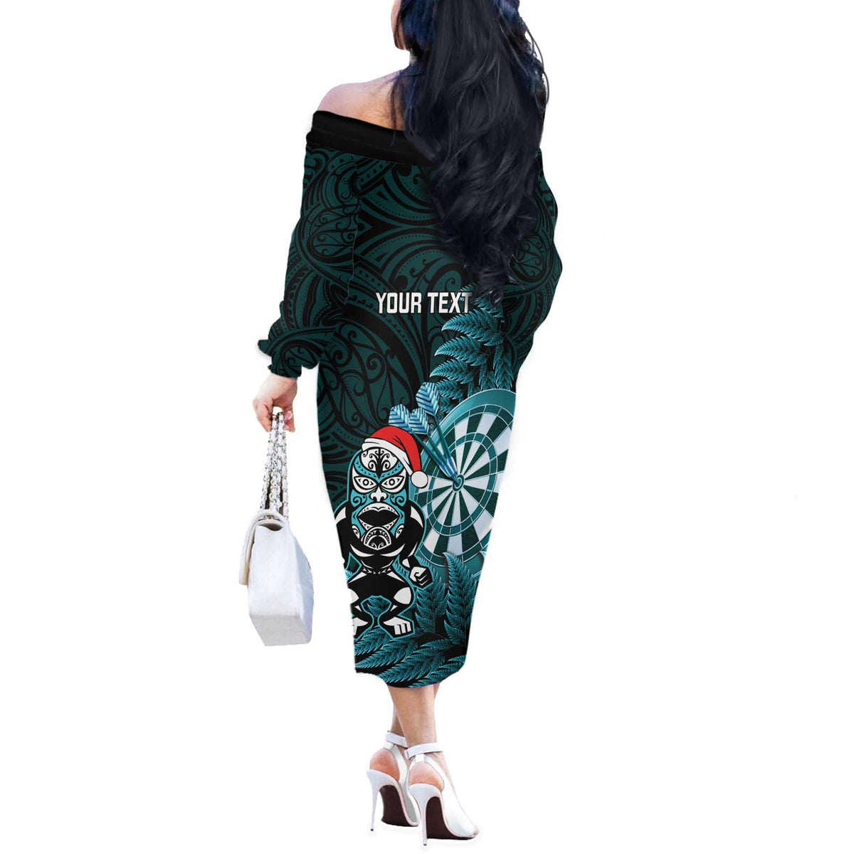 Personalised New Zealand Darts Christmas Off The Shoulder Long Sleeve Dress Maori Fern Merry Dartsmas LT14 - Polynesian Pride