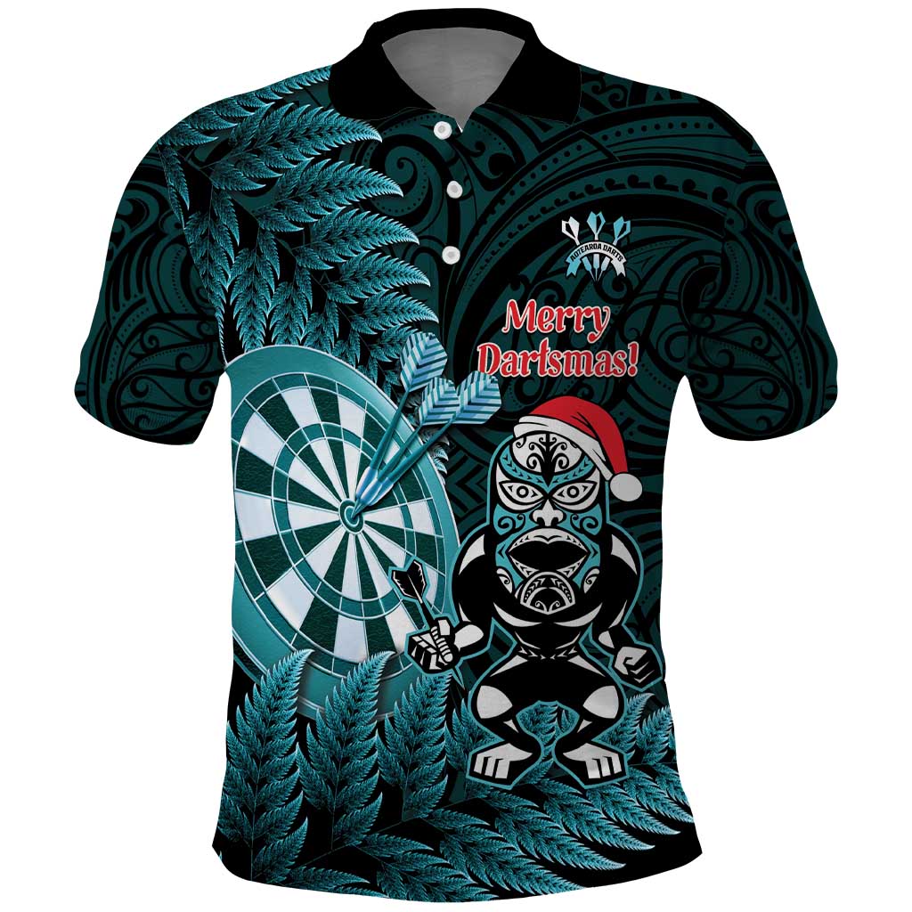 Personalised New Zealand Darts Christmas Polo Shirt Maori Fern Merry Dartsmas LT14 Cyan - Polynesian Pride