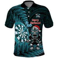 Personalised New Zealand Darts Christmas Polo Shirt Maori Fern Merry Dartsmas LT14 Cyan - Polynesian Pride