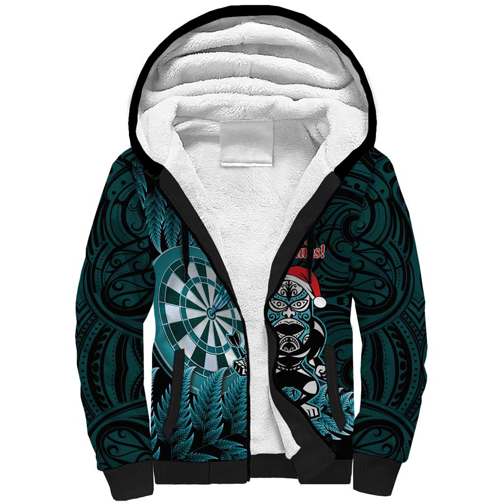 Personalised New Zealand Darts Christmas Sherpa Hoodie Maori Fern Merry Dartsmas LT14 Unisex Cyan - Polynesian Pride