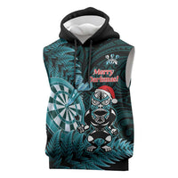 Personalised New Zealand Darts Christmas Sleeveless Hoodie Maori Fern Merry Dartsmas LT14 Cyan - Polynesian Pride
