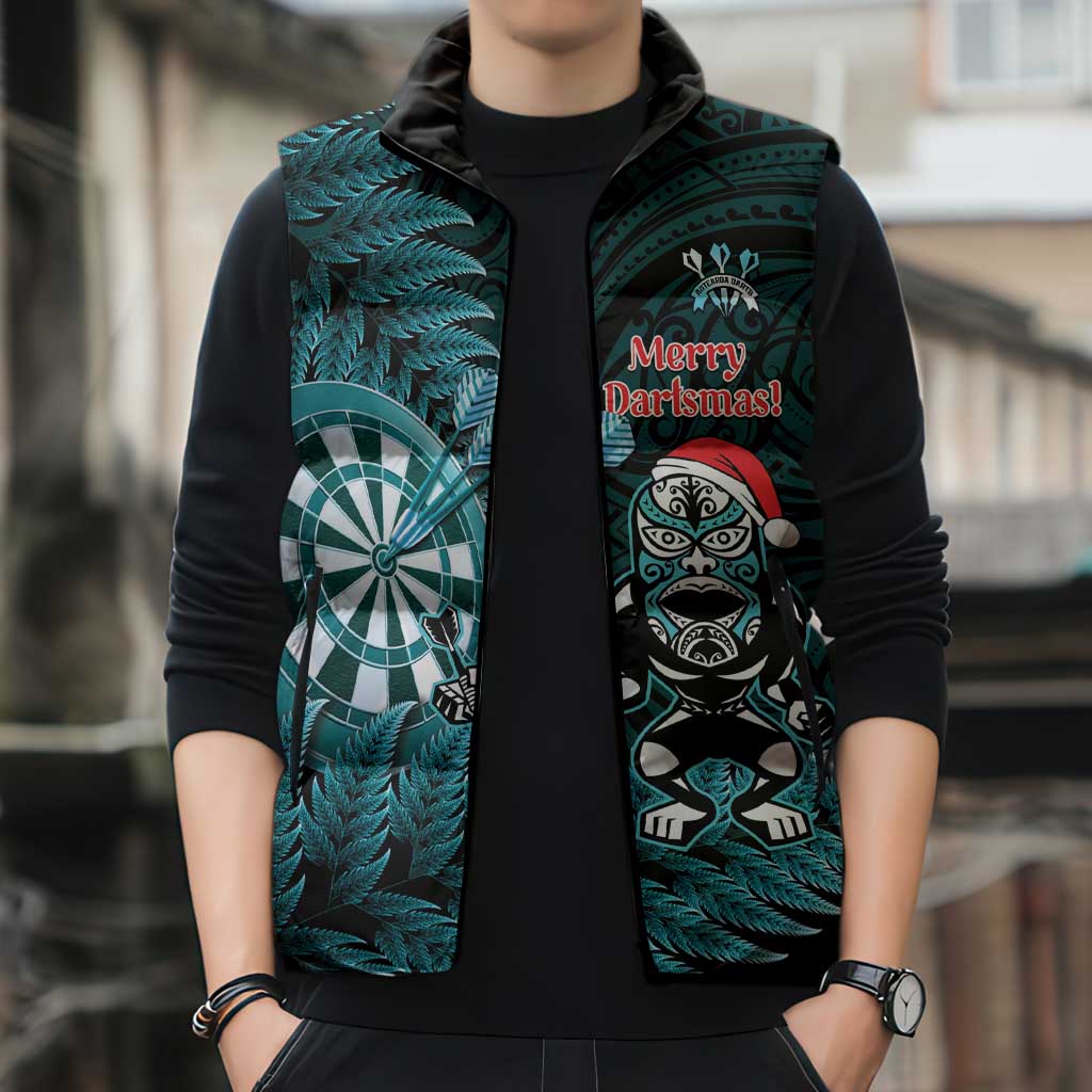 Personalised New Zealand Darts Christmas Sleeveless Puffer Jacket Maori Fern Merry Dartsmas - Polynesian Pride