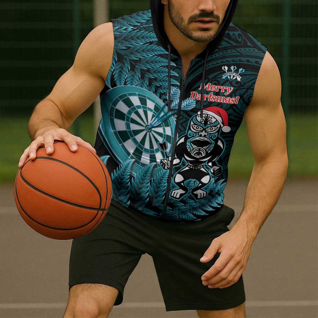 Personalised New Zealand Darts Christmas Sleeveless Zip Hoodie Maori Fern Merry Dartsmas LT14 - Polynesian Pride