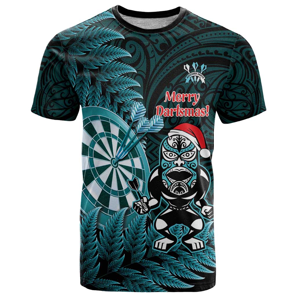 Personalised New Zealand Darts Christmas T Shirt Maori Fern Merry Dartsmas LT14 Cyan - Polynesian Pride
