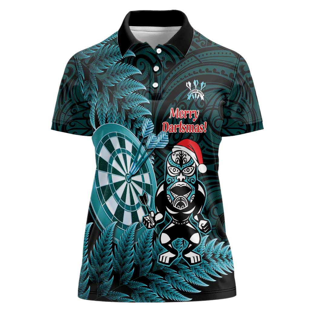 Personalised New Zealand Darts Christmas Women Polo Shirt Maori Fern Merry Dartsmas LT14 Female Cyan - Polynesian Pride