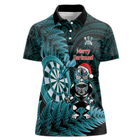 Personalised New Zealand Darts Christmas Women Polo Shirt Maori Fern Merry Dartsmas LT14 Female Cyan - Polynesian Pride