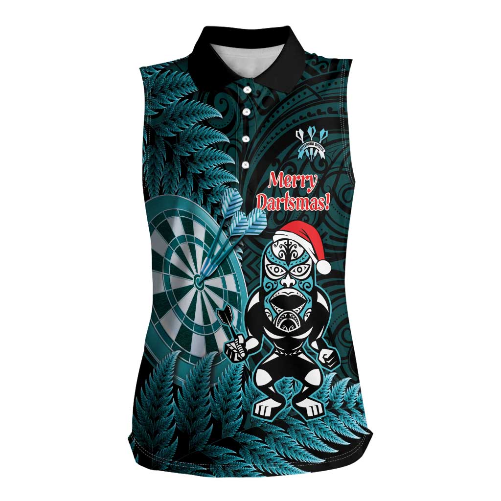 Personalised New Zealand Darts Christmas Women Sleeveless Polo Shirt Maori Fern Merry Dartsmas LT14 Female Cyan - Polynesian Pride