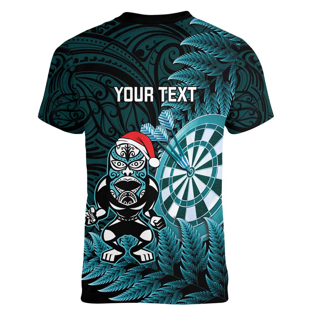 Personalised New Zealand Darts Christmas Women V-Neck T-Shirt Maori Fern Merry Dartsmas LT14 - Polynesian Pride
