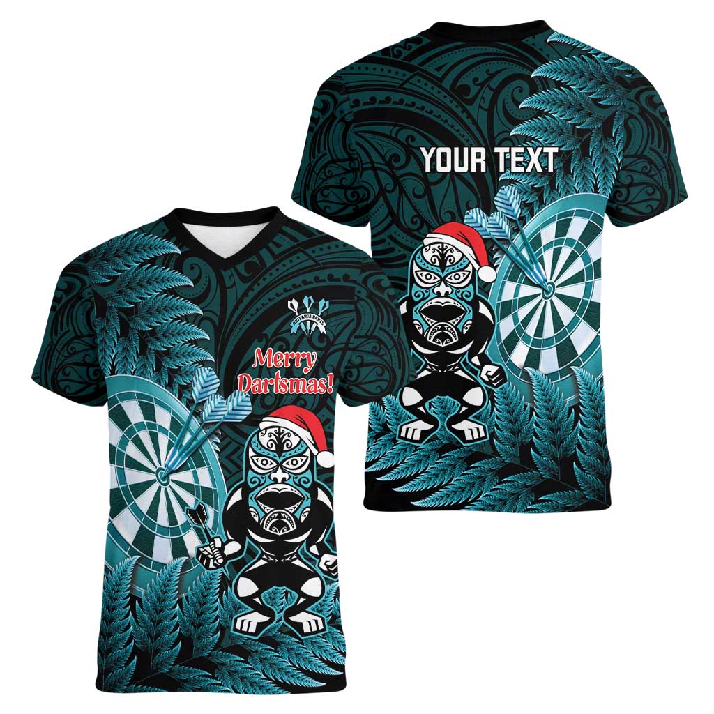 Personalised New Zealand Darts Christmas Women V-Neck T-Shirt Maori Fern Merry Dartsmas LT14 - Polynesian Pride
