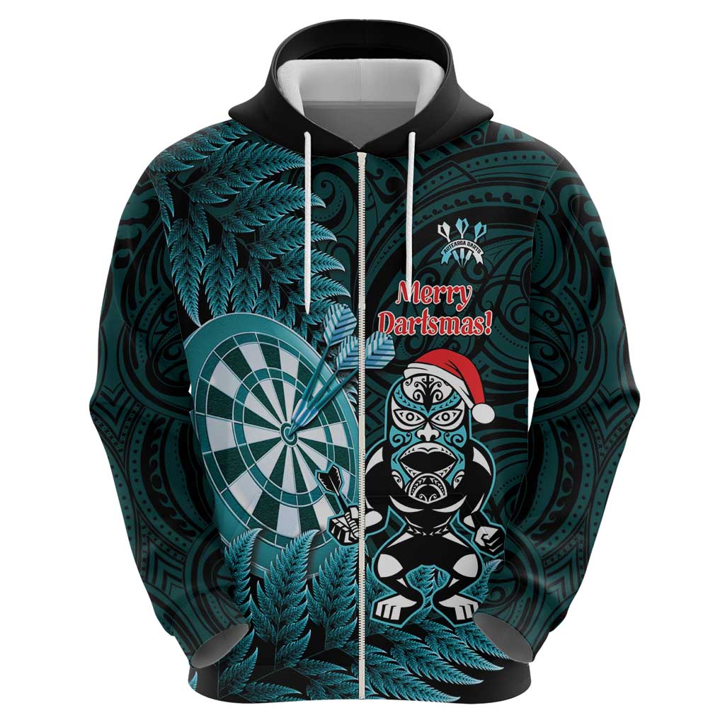 Personalised New Zealand Darts Christmas Zip Hoodie Maori Fern Merry Dartsmas LT14 - Polynesian Pride