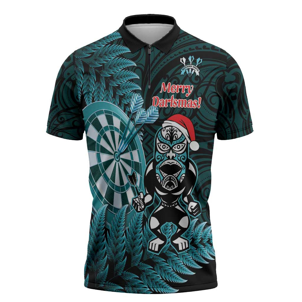 Personalised New Zealand Darts Christmas Zipper Polo Shirt Maori Fern Merry Dartsmas LT14 Cyan - Polynesian Pride