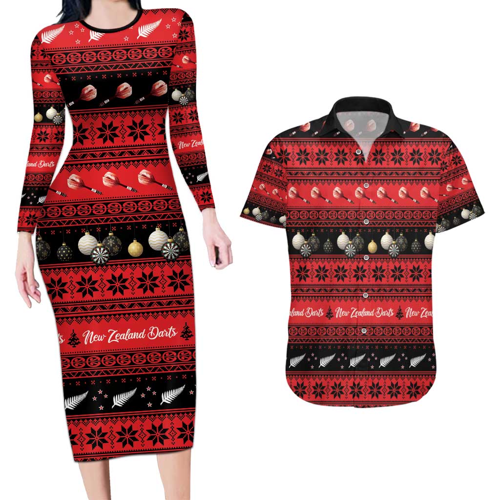 New Zealand Darts Christmas Couples Matching Long Sleeve Bodycon Dress and Hawaiian Shirt Merry Xmas Aotearoa Maori Red LT14 Red - Polynesian Pride