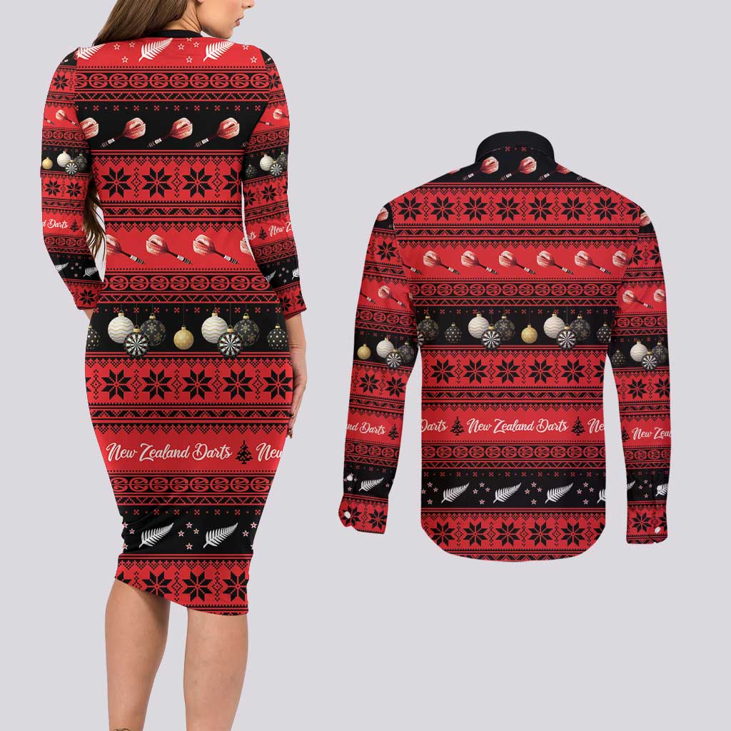 New Zealand Darts Christmas Couples Matching Long Sleeve Bodycon Dress and Long Sleeve Button Shirt Merry Xmas Aotearoa Maori Red LT14 - Polynesian Pride