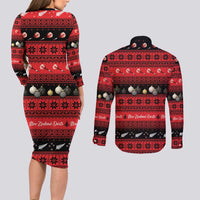 New Zealand Darts Christmas Couples Matching Long Sleeve Bodycon Dress and Long Sleeve Button Shirt Merry Xmas Aotearoa Maori Red LT14 - Polynesian Pride