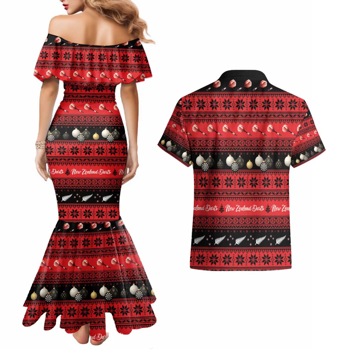New Zealand Darts Christmas Couples Matching Mermaid Dress and Hawaiian Shirt Merry Xmas Aotearoa Maori Red LT14 - Polynesian Pride