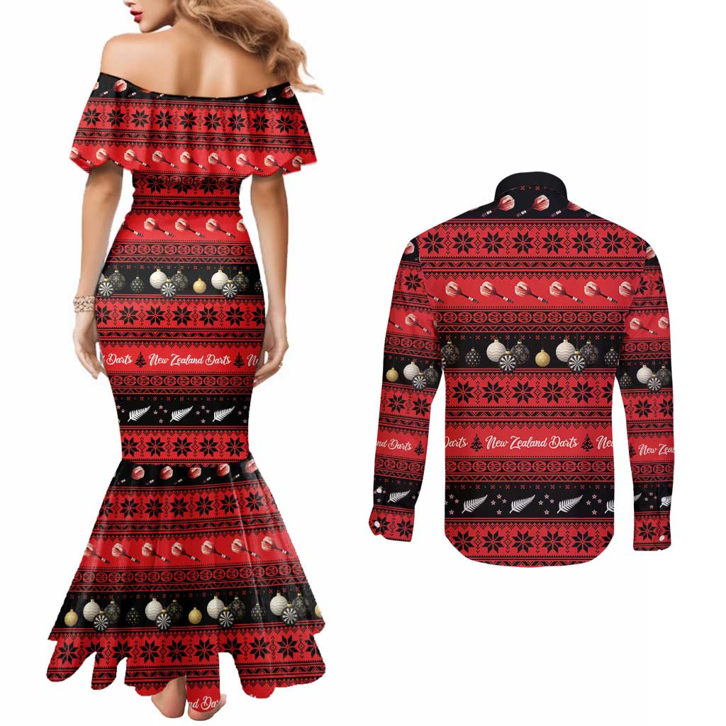 New Zealand Darts Christmas Couples Matching Mermaid Dress and Long Sleeve Button Shirt Merry Xmas Aotearoa Maori Red LT14 - Polynesian Pride