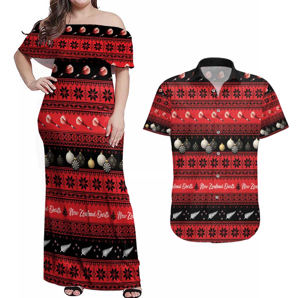 New Zealand Darts Christmas Couples Matching Off Shoulder Maxi Dress and Hawaiian Shirt Merry Xmas Aotearoa Maori Red LT14 Red - Polynesian Pride