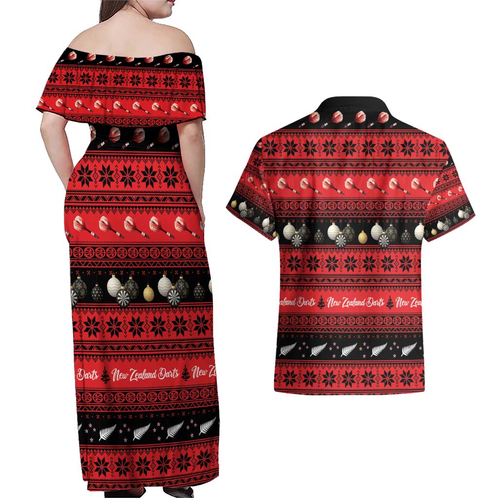 New Zealand Darts Christmas Couples Matching Off Shoulder Maxi Dress and Hawaiian Shirt Merry Xmas Aotearoa Maori Red LT14 - Polynesian Pride