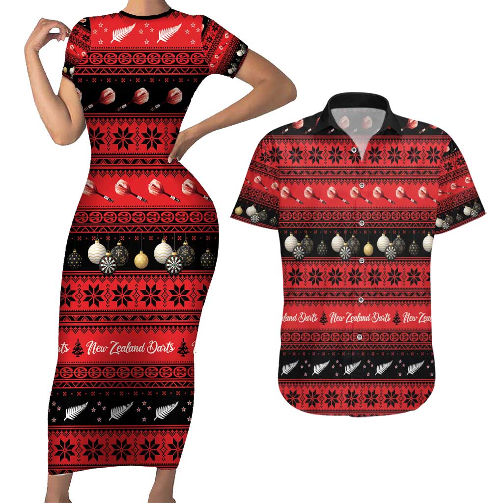 New Zealand Darts Christmas Couples Matching Short Sleeve Bodycon Dress and Hawaiian Shirt Merry Xmas Aotearoa Maori Red LT14 Red - Polynesian Pride