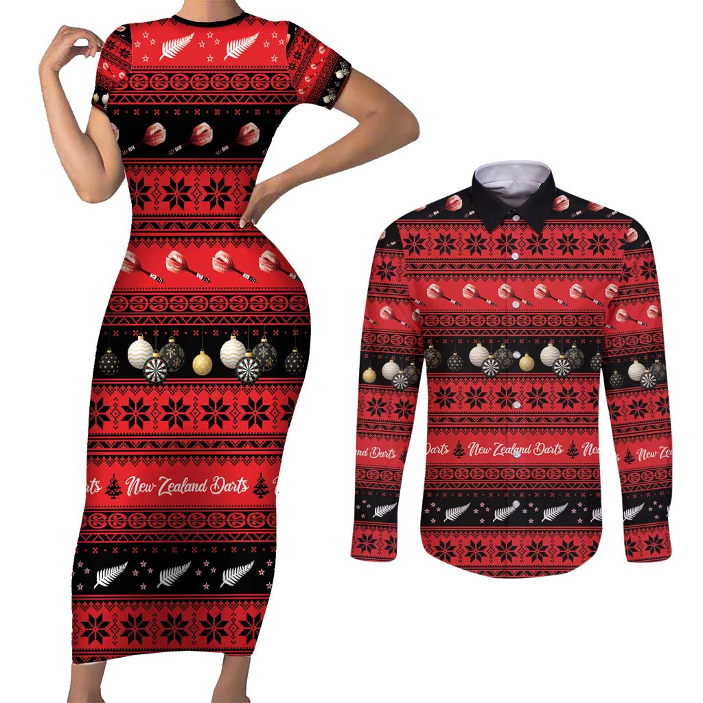 New Zealand Darts Christmas Couples Matching Short Sleeve Bodycon Dress and Long Sleeve Button Shirt Merry Xmas Aotearoa Maori Red LT14 Red - Polynesian Pride