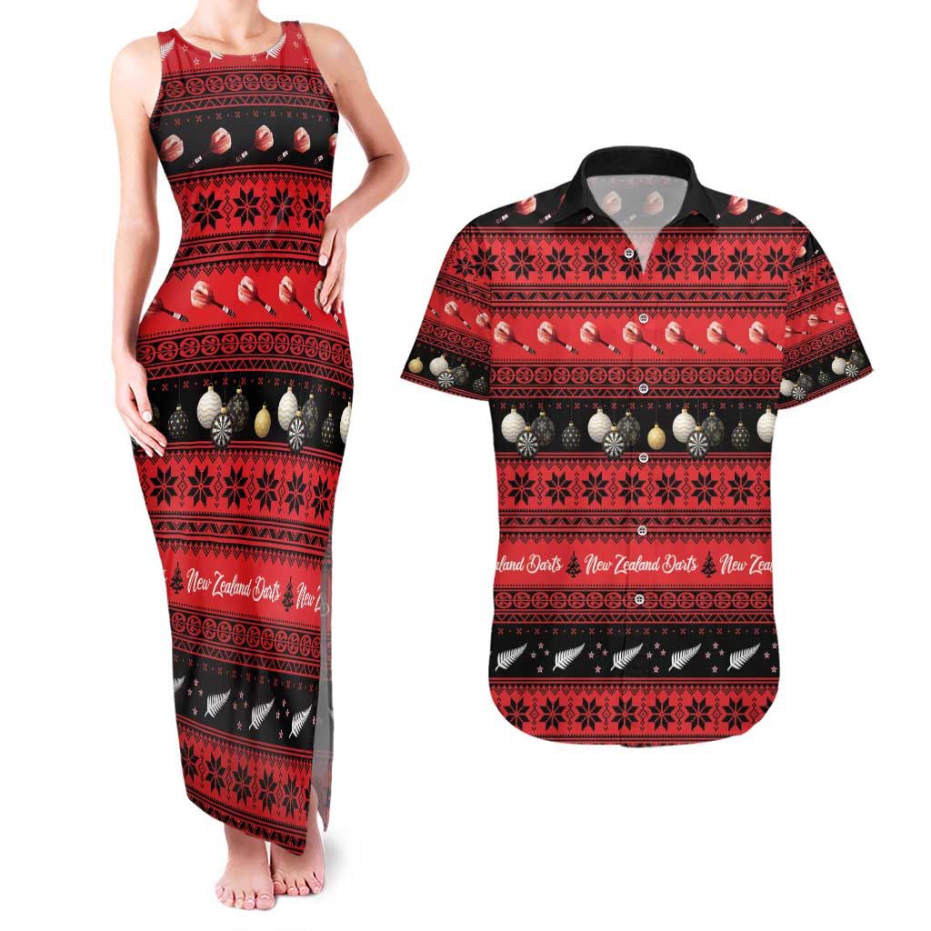 New Zealand Darts Christmas Couples Matching Tank Maxi Dress and Hawaiian Shirt Merry Xmas Aotearoa Maori Red - Polynesian Pride