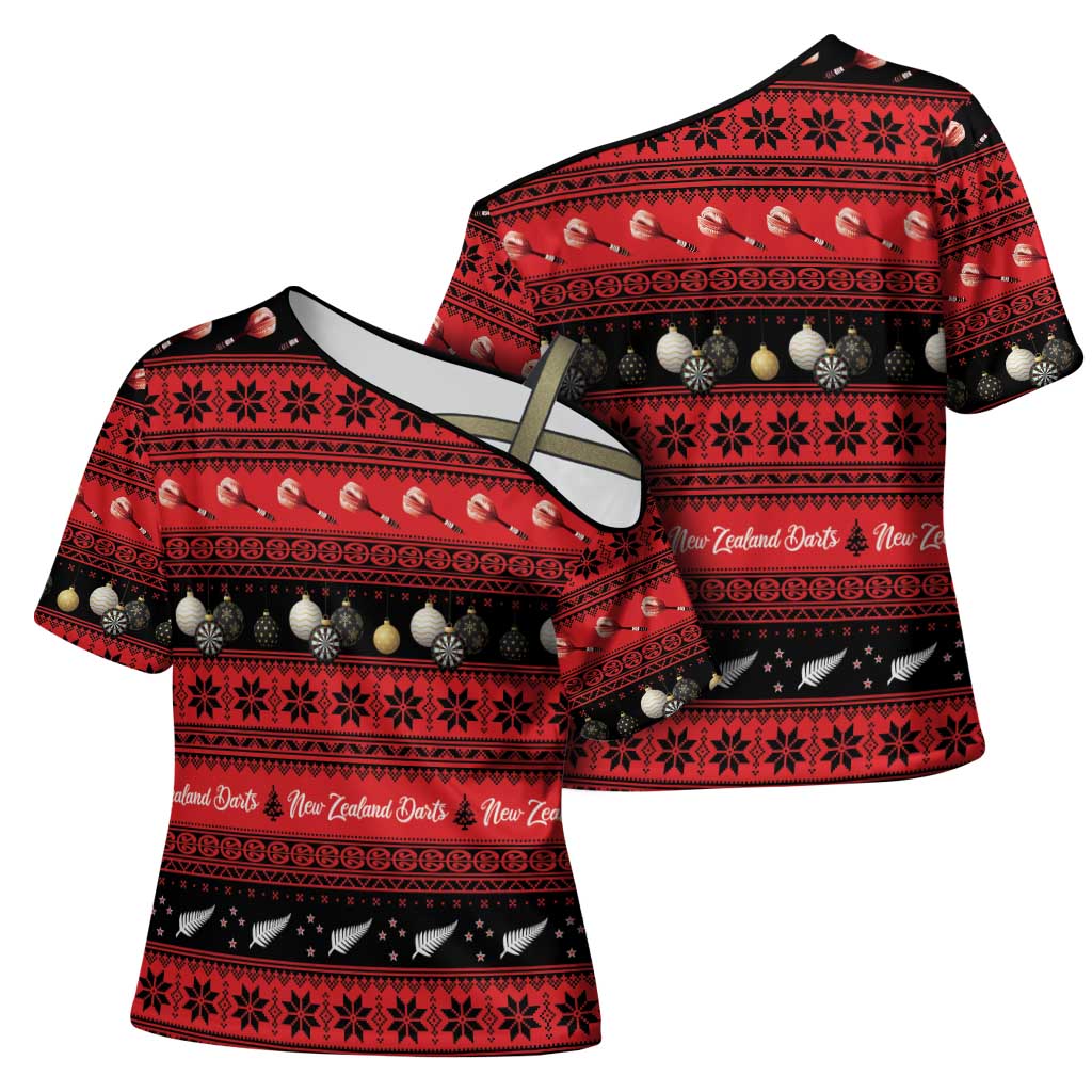New Zealand Darts Christmas Cross Shoulder Shirt Merry Xmas Aotearoa Maori Red - Polynesian Pride