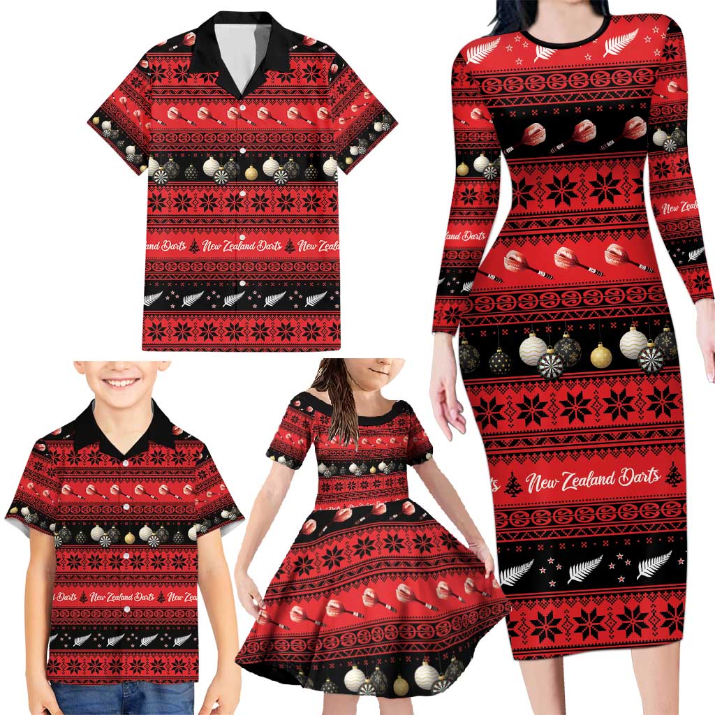 New Zealand Darts Christmas Family Matching Long Sleeve Bodycon Dress and Hawaiian Shirt Merry Xmas Aotearoa Maori Red LT14 - Polynesian Pride