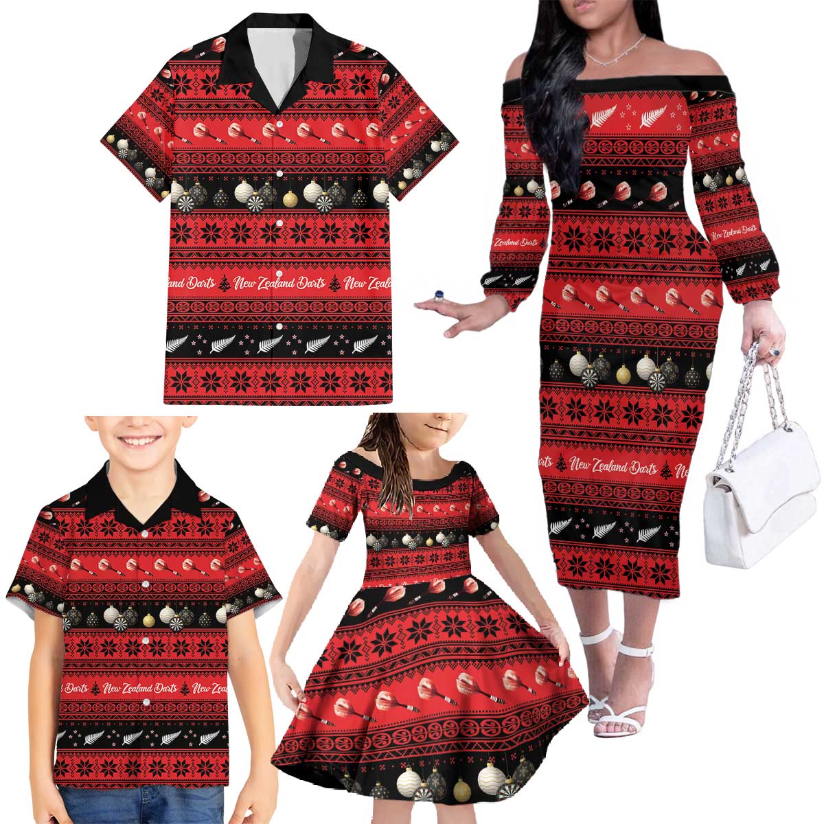 New Zealand Darts Christmas Family Matching Off The Shoulder Long Sleeve Dress and Hawaiian Shirt Merry Xmas Aotearoa Maori Red LT14 - Polynesian Pride